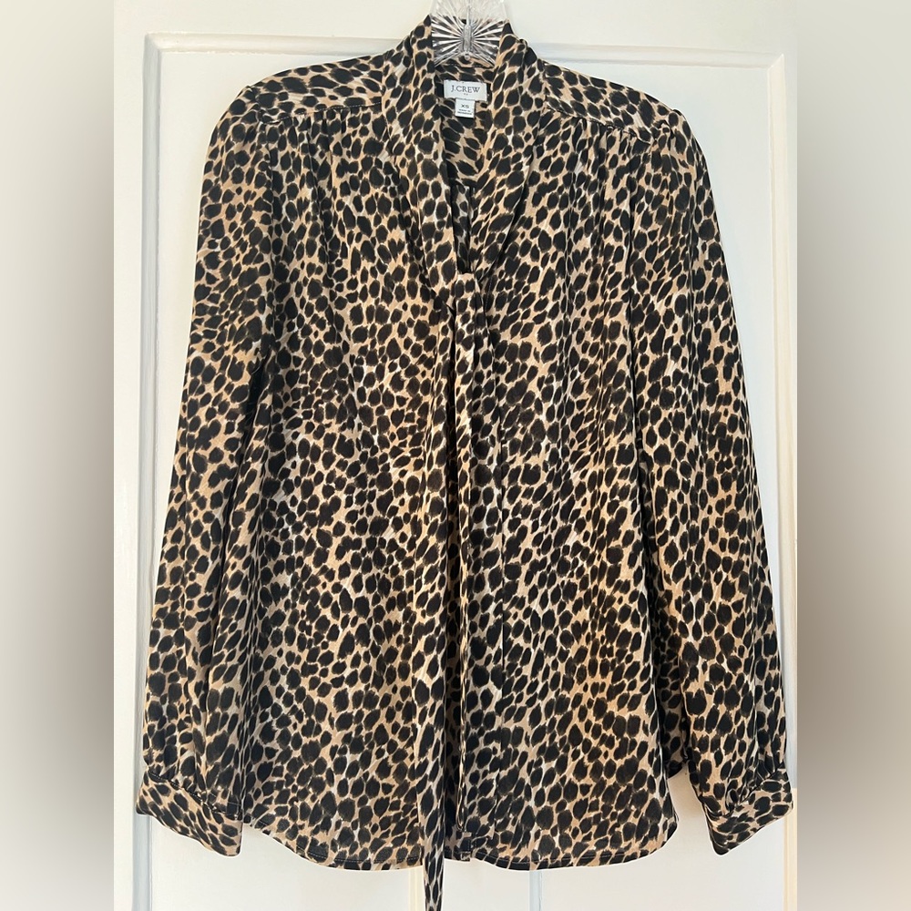 J. Crew Cheetah Print Long Sleeve Blouse with Tie Neck